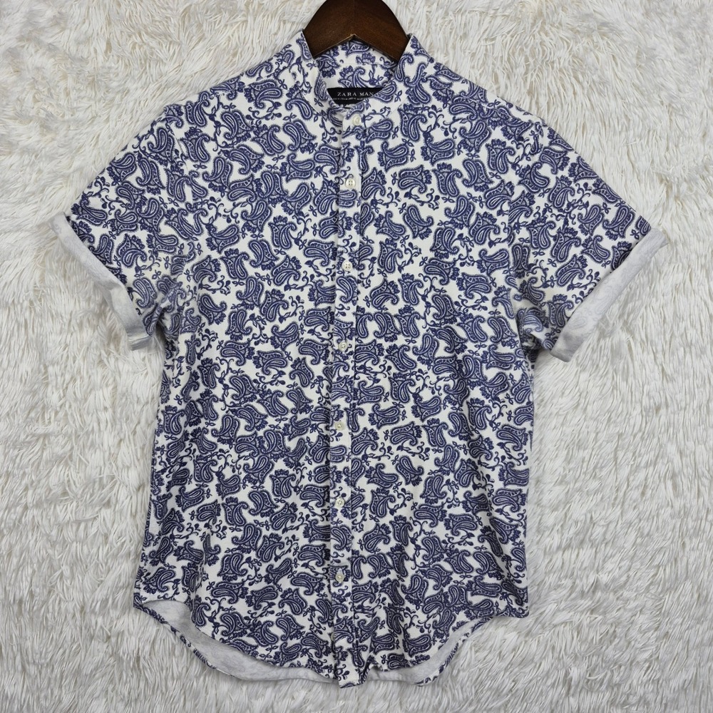 Zara Man Blue Paisley Band Collar Slim Fit Short Sleeve Shirt Mens Medium